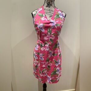Jones New York Size 14 Petite Hot PInk Tropical Floral Halter Dress EUC